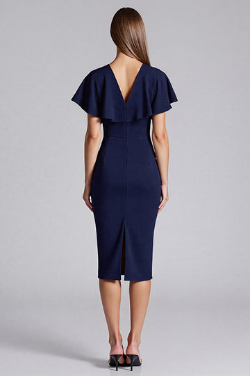 Sheath Short Sleeve Navy Midi Formal Dress